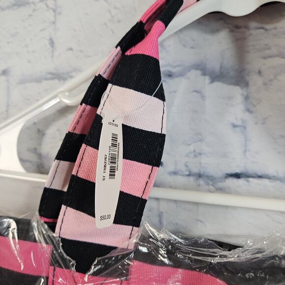 Victoria's Secret "Hello, Bombshell" Tote Beach Bag Black Pink Striped New - Picture 2 of 4